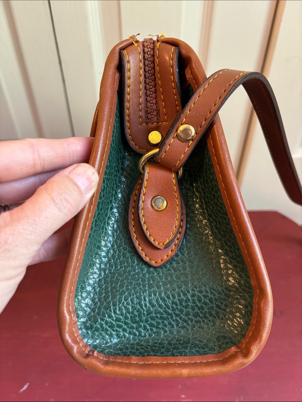 Dooney & Bourke Green and Tan Leather Satchel Shoulder crossbody Bag - Picture 8 of 15